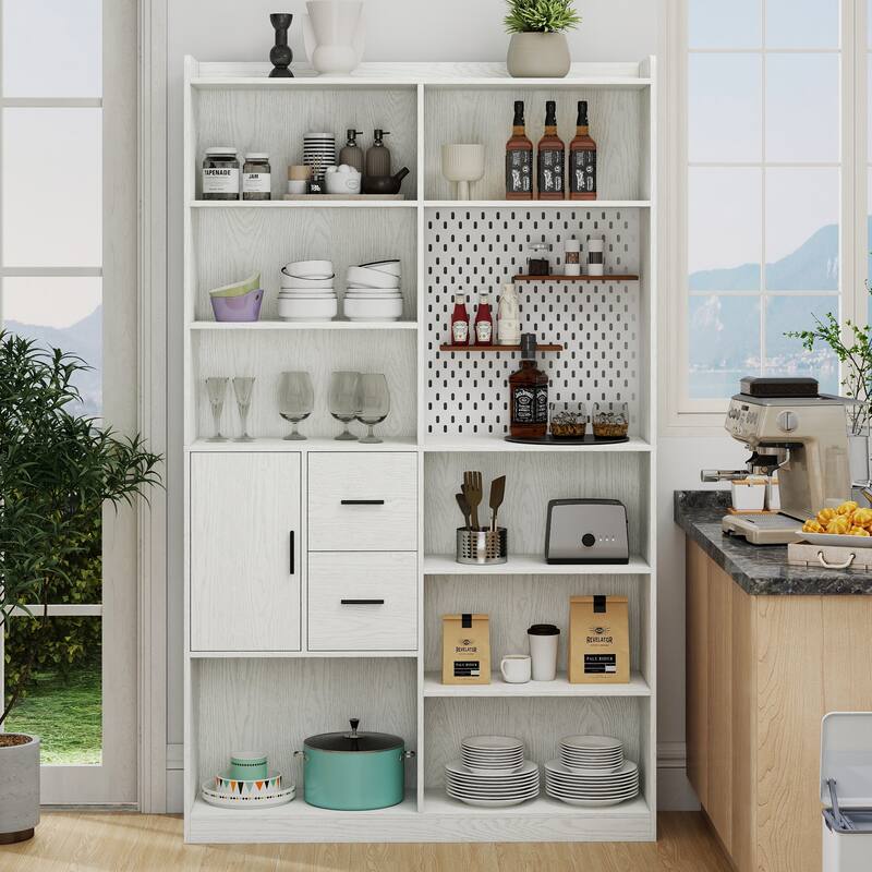 Modern Bookshelf w/ Pegboard and Drawers, 9-Cubby Bookcase Display Shelves, Storage Shelving Unit for Living Room, Home Office - White