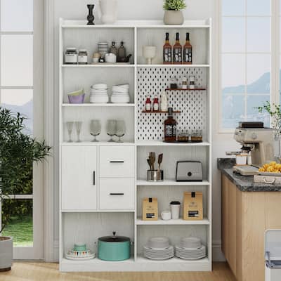 Modern Bookshelf w/ Pegboard and Drawers, 9-Cubby Bookcase Display Shelves, Storage Shelving Unit for Living Room, Home Office