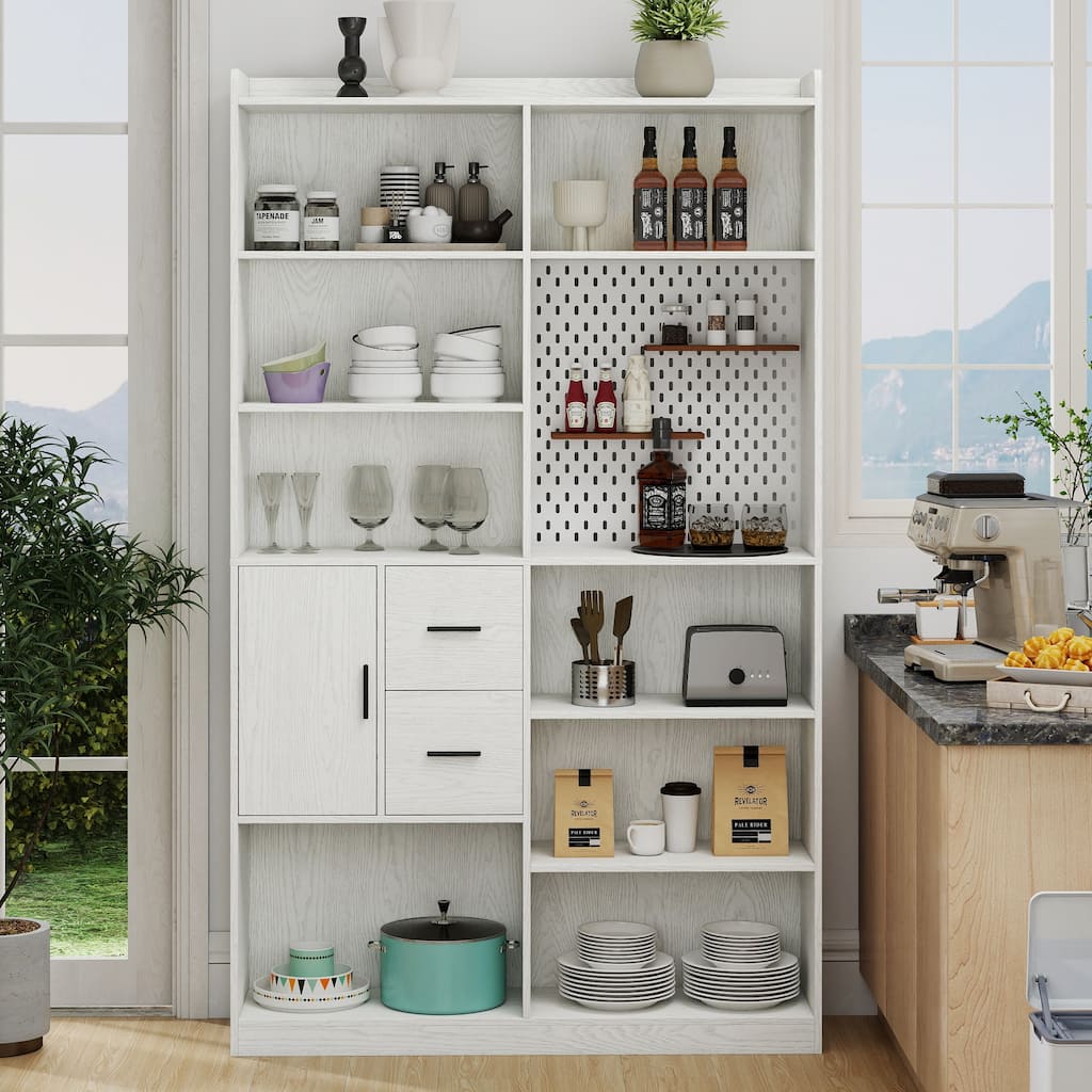 Modern Bookshelf w/ Pegboard and Drawers, 9-Cubby Bookcase Display Shelves, Storage Shelving Unit for Living Room, Home Office