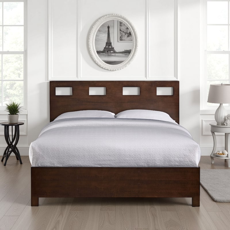 Yee Mahogany Wood Queen Bed with Storage, Panel Cut Out Design, Dark Brown