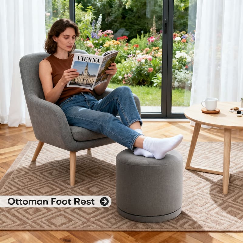 Fully Assembled Linen Round Swivel Ottoman Footstool with Acacia Hardwood Frame