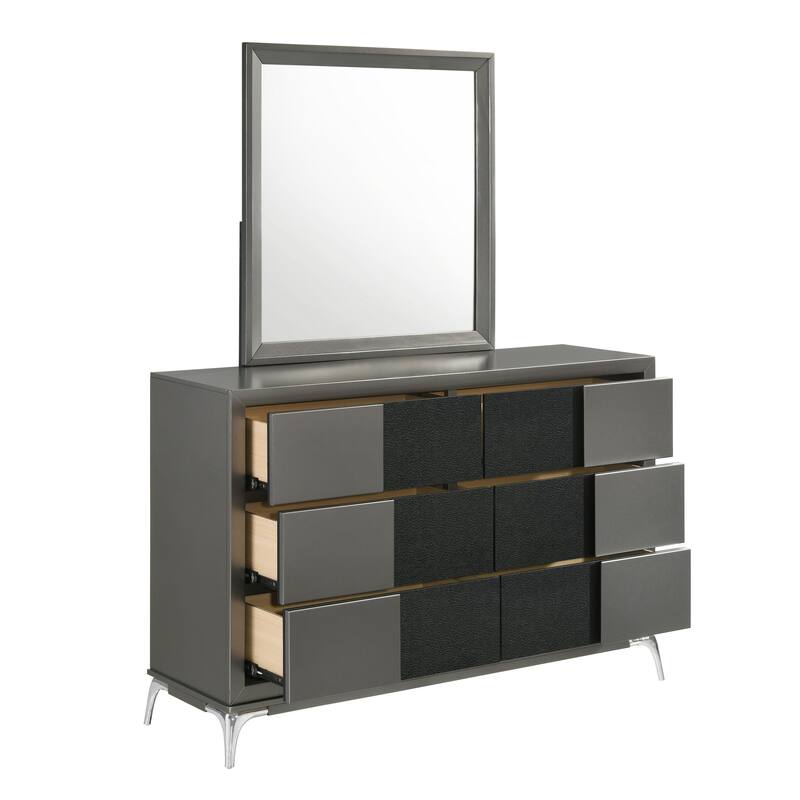 Rya 56 Inch Modern Wide Dresser with 6 Drawers, Gray Wood, Chrome