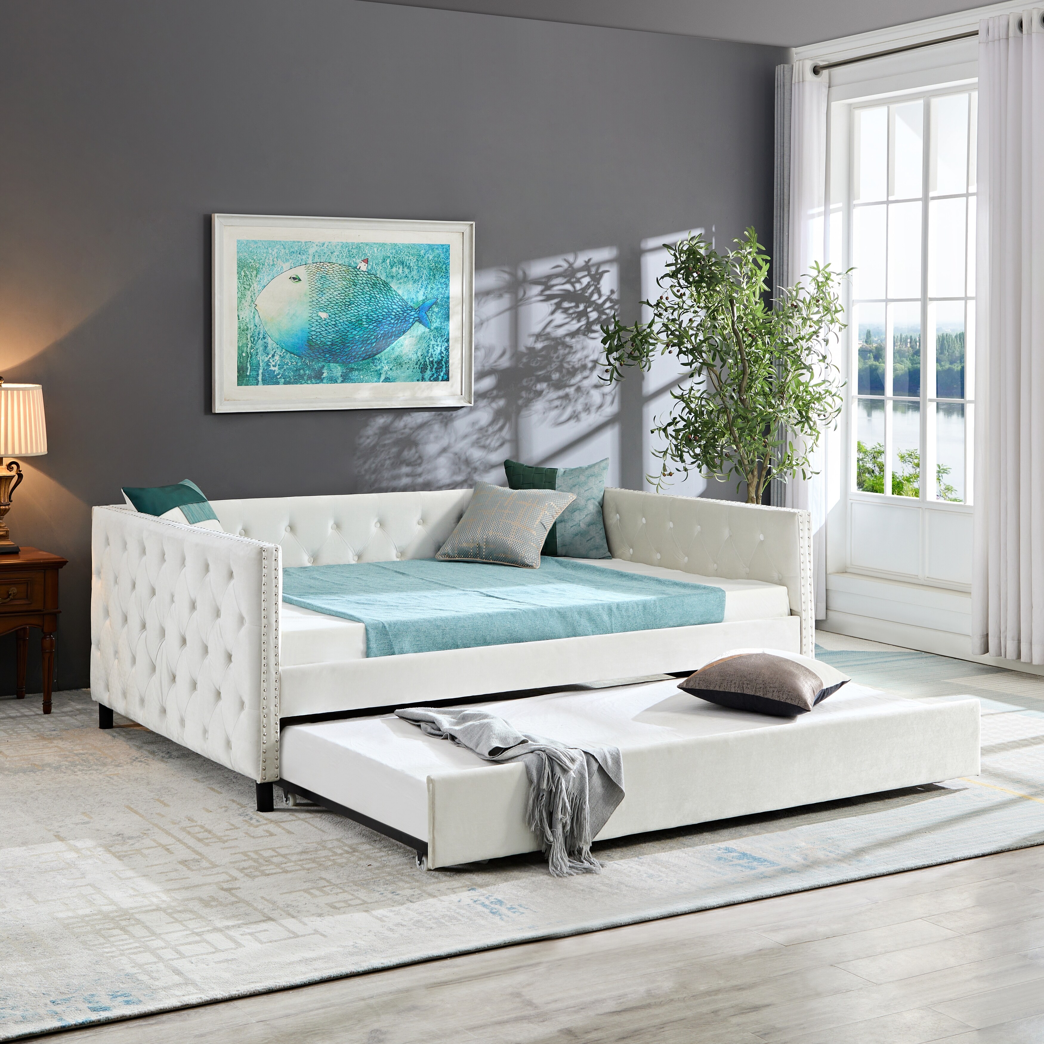 Velvet Upholstered Twin Size Daybed Button Tufted Daybed Frame