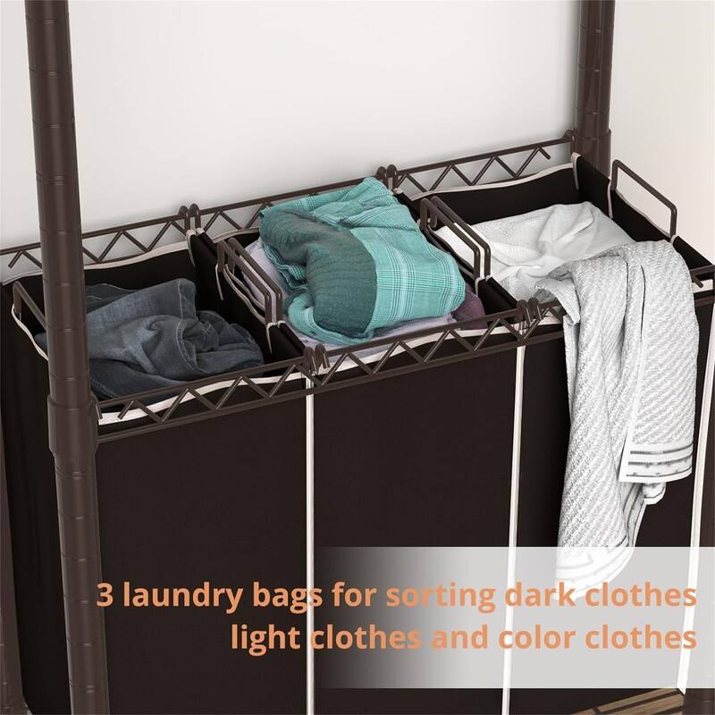 Laundry Sorter 3 Section with Hanging Bar - 14.2"D x 31.1"W x 72.8"H