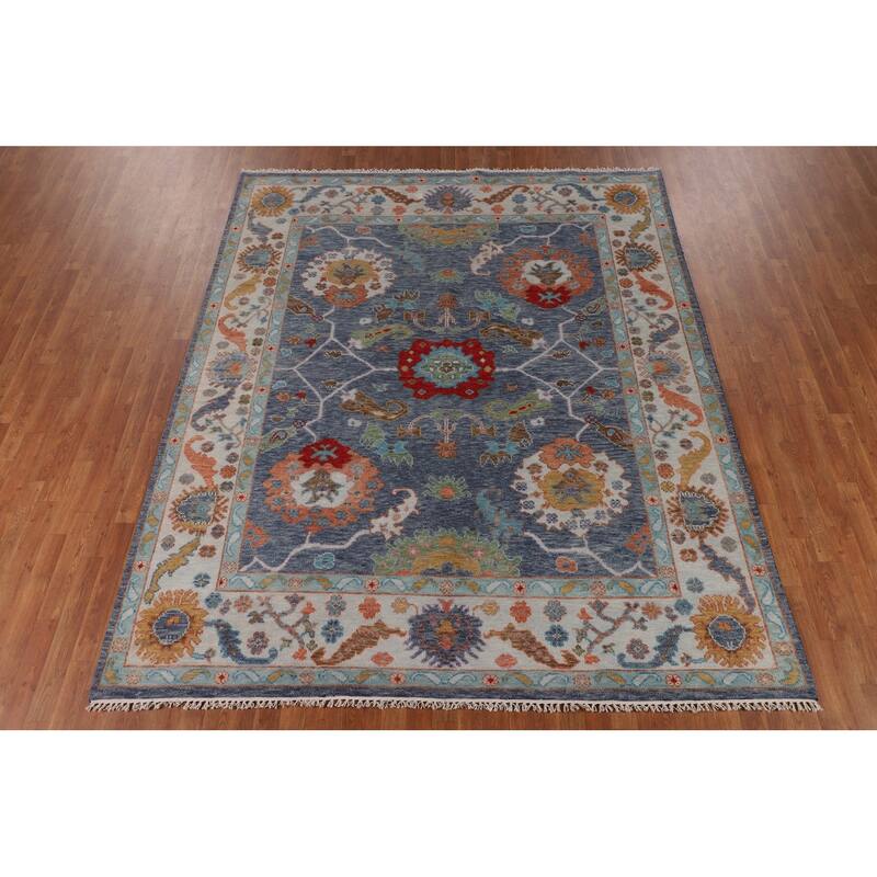 All-Over Blue Floral Oushak Indian Area Rug Hand-Knotted Wool Carpet - 7'11" X 9'9"