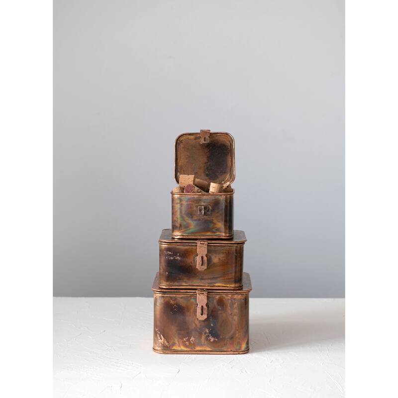 Decorative Metal Boxes with Lid, Set of 3 - 7.0"L x 7.0"W x 4.5"H - Copper
