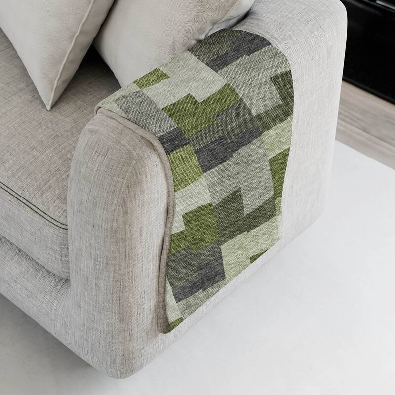 Premium Machine Washable Modern Blocks Sherpa Throw Blanket - Olive - 4'2" x 5'10"