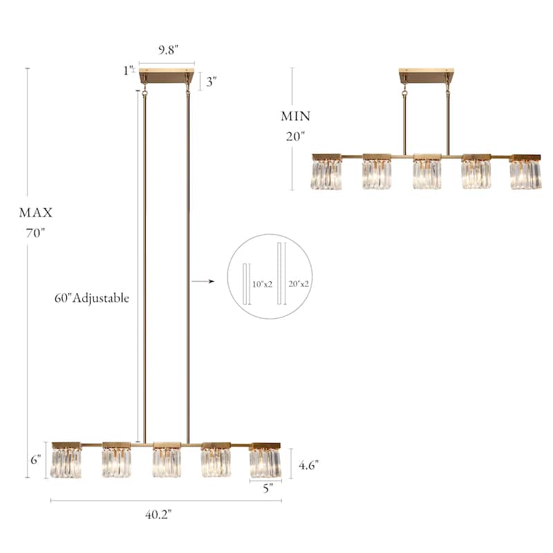 Diore Modern 5-Light Crystal Chandelier 40 in Linear Glam Brass Kitchen Island Light - L 40.2" x H 70" Max