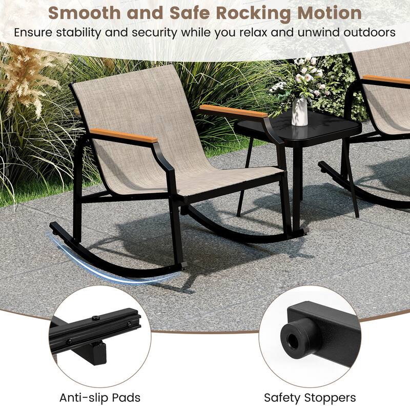 3 Piece Black-Brown Outdoor Rocking Chair Set with Coffee Table and Ergonomic Metal Frame Chairs - 35" x 27" x 29"