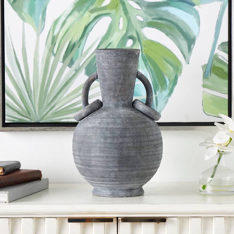Gray or Cream Ceramic Textured Whitewashed Vase with Ring Handles - Gray