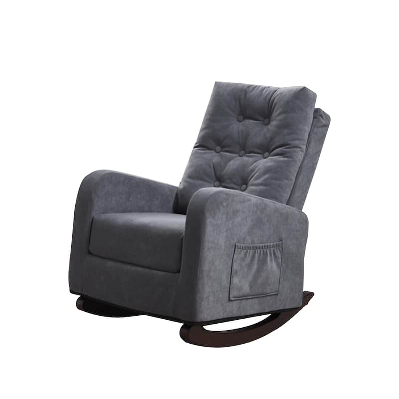 Antique Gray Modern 28.74" High Back Upholstered Buttons Tufted Rocking Chair with Solid Wood Legs and Side Pocket