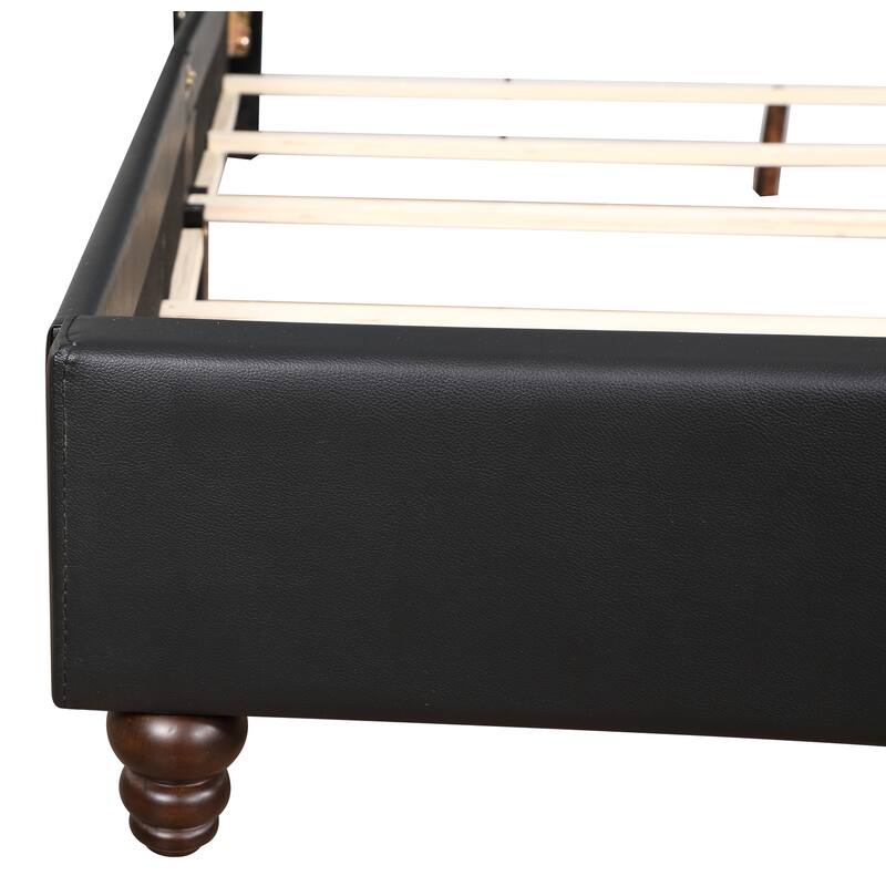 Boho Upholstered Bed - Deep Tufted Headboard, Faux Leather & Fabric Design, 66x86 Inch