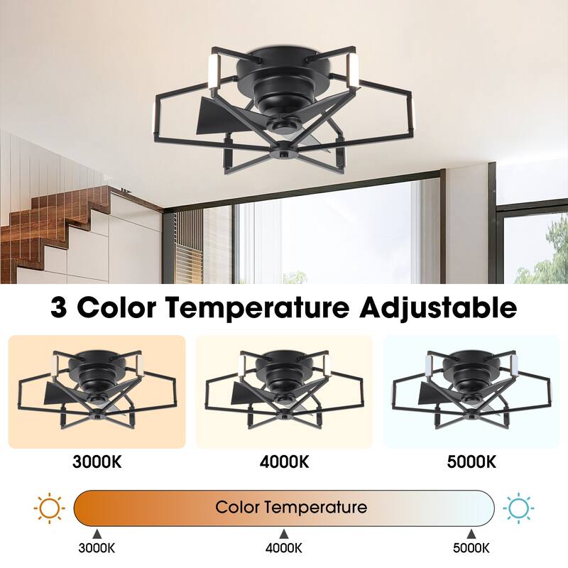 21" Modern Black Unique Low Profile Caged Ceiling Fan with Light and Remote