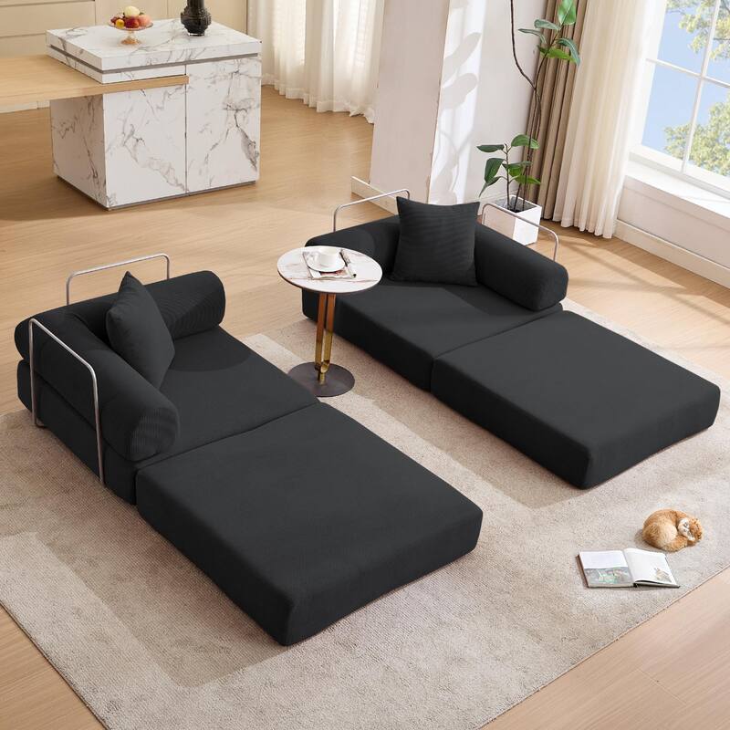 Folding Mattress Lounge Sofa with Corduroy Cushions, Convertible Sofa Bed Sleeper Sofa with Removable Armrests