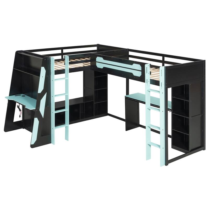 L Shaped Twin Gaming Bed with RGB LED Lights and Storage Shelves