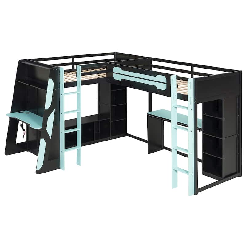 L-Shaped Wooden Twin Size Gaming Bed Frame with RGB LED Lights, Dual twin Beds, USB Ports, TV Stand & Storage Shelves