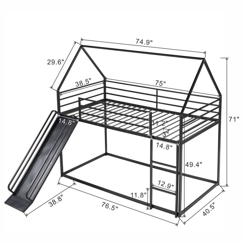 Twin over Twin House Bunk Bed with Ladder and Slide House Shaped Bunk Bed Frame with Lenght Guardrail, No Box Spring Needed