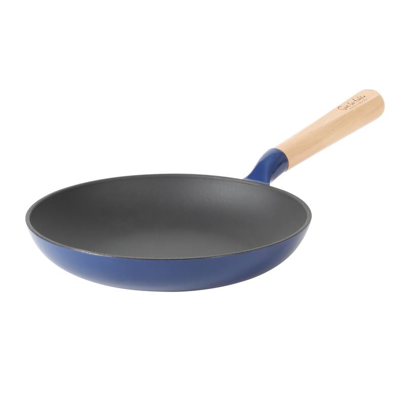 Sur La Table Kitchen Essential 9.5 Inch Pre-Seasoned Cast Iron Skillet with Wood Handle Natural Nonstick Lightweight Cast Iron - Dark Blue - 3.5 Quart