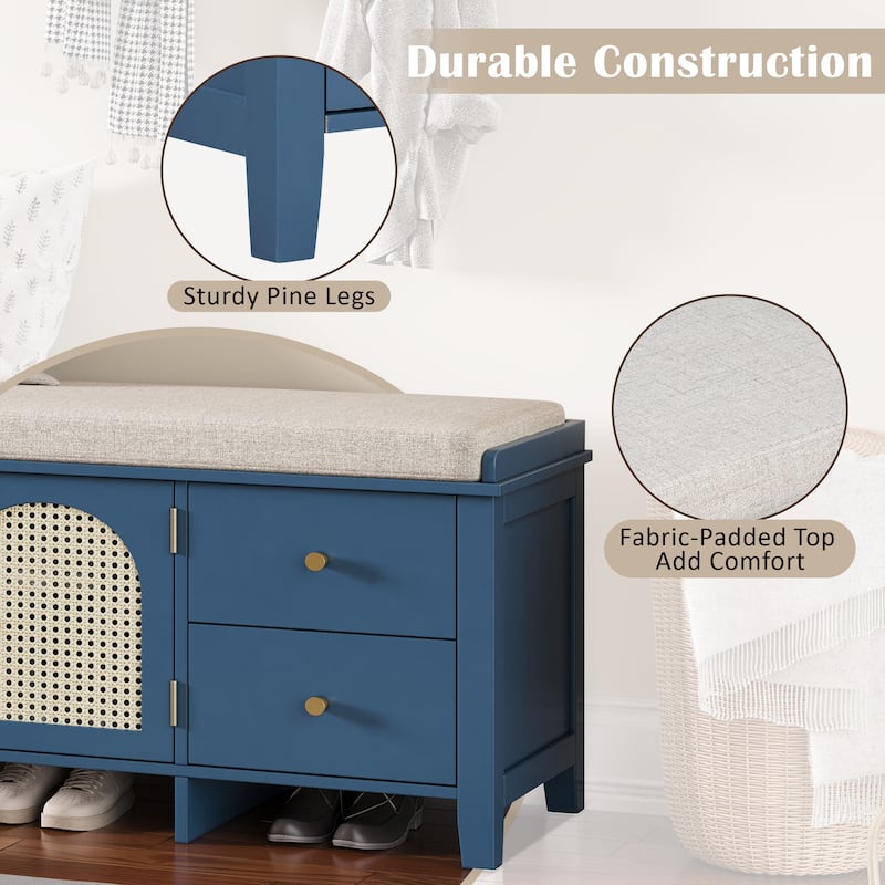 Wood Frame Bench with Shoe Storage, Shoe Bench with Rattan Arched Door and 2 Drawers Entryway Fabric Upholstered Bench