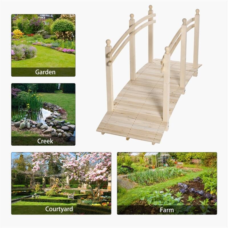 Solid Fir Wood Arch Garden Bridge with Side Rails for Gardens Ponds and Walkways Varnished Finish 505 lbs Capacity