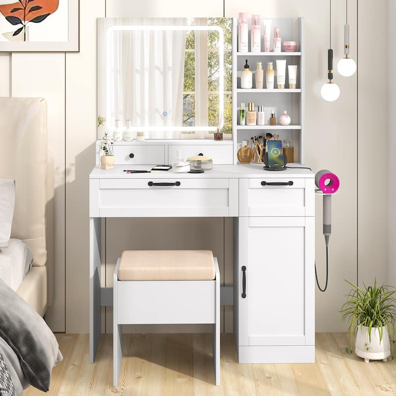 Makeup Vanity Desk with Lighted Mirror Adjustable Lighting Storage Drawers Charging Station and Stool