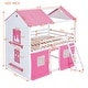 preview thumbnail 3 of 7, Full Size Bunk Bed Wood House Bed Kids Bed with Elegant Windows Sills and Tent, Pink+White