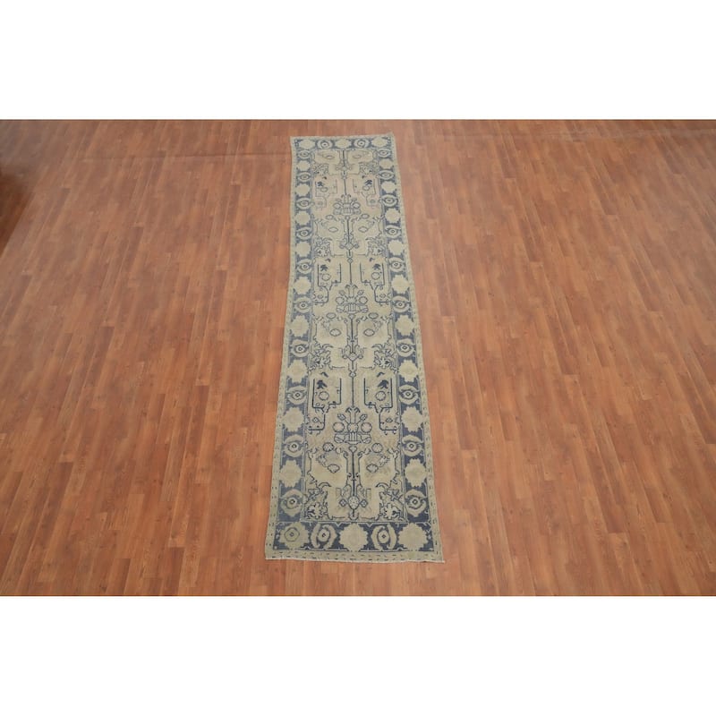 Hand Knotted Oriental 100% Wool Carpet Transitional All-Over Beige & Ivories Oushak Runner Rug - 12' 4'' X 2' 9''
