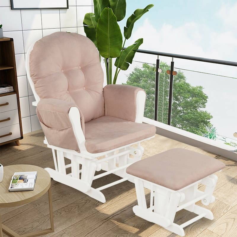 Solid Wood Gliding Chair Set with Storage Pockets and Ottoman for Relaxing - 29.5" x 28.5" x 39.5" (L x W x H)