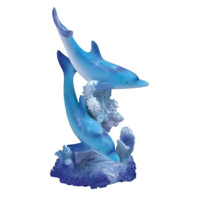 Q-Max 5.5"H Blue Dolphins Swimming Around Coral Statue Marine Life Decoration Figurine