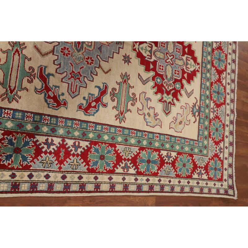 Hand Knotted Oriental 100% Wool Carpet Traditional Geometric Beige & Ivories Kazak Area Rug - 8' 0'' X 5' 8''