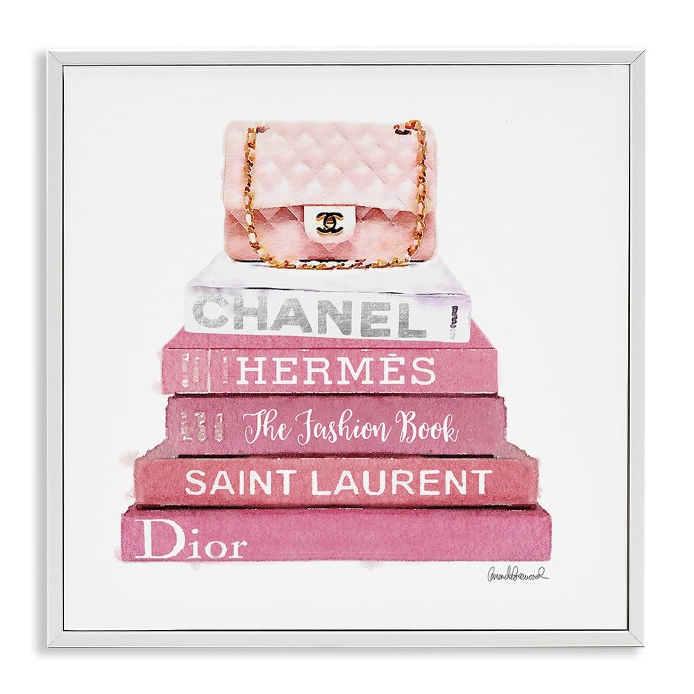 Stupell Pink Fashion Book Stack Handbag Framed Wall Art
