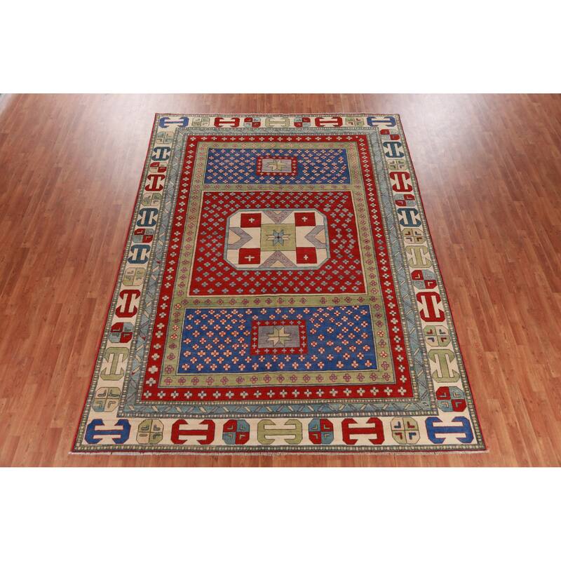 Hand Knotted Oriental 100% Wool Carpet Traditional Geometric Multi-Colored Kazak Area Rug - 11' 4'' X 8' 5''