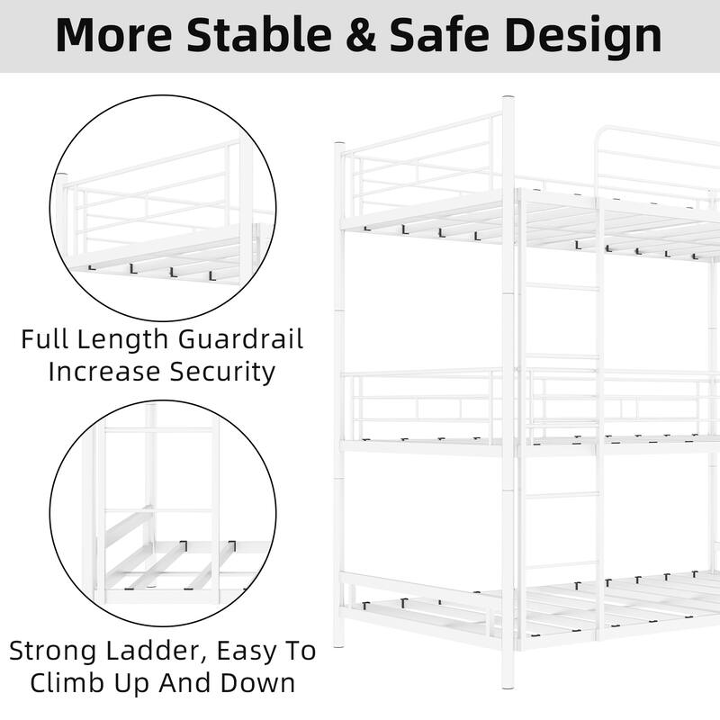 Heavy-duty Triple Frame Bed with Built-in Ladder and Full-length Railing, Space-saving, Easy to Assemble, White