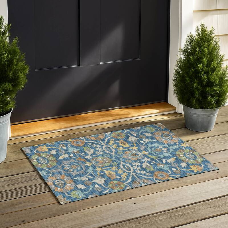 Machine Washable Indoor/ Outdoor Traditional Blanca Chantille Rug - Blue - 1'8" x 2'6"