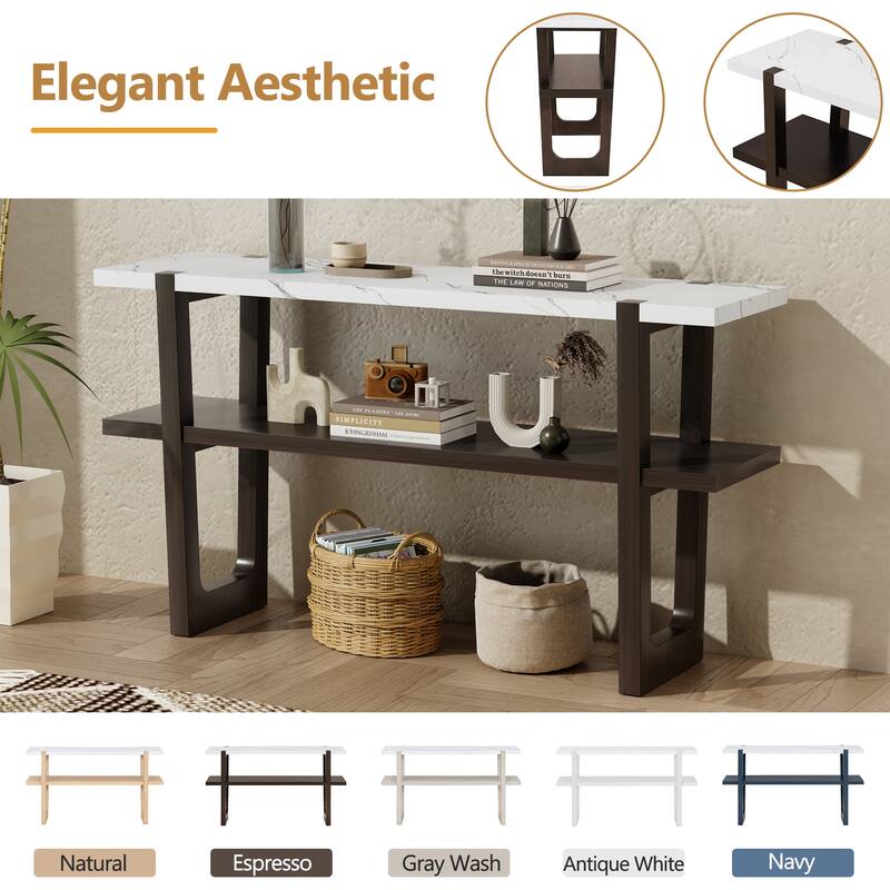 54" Retro Console Table with Marble-Effect Top and Versatile Storage for Entryway and Living Room