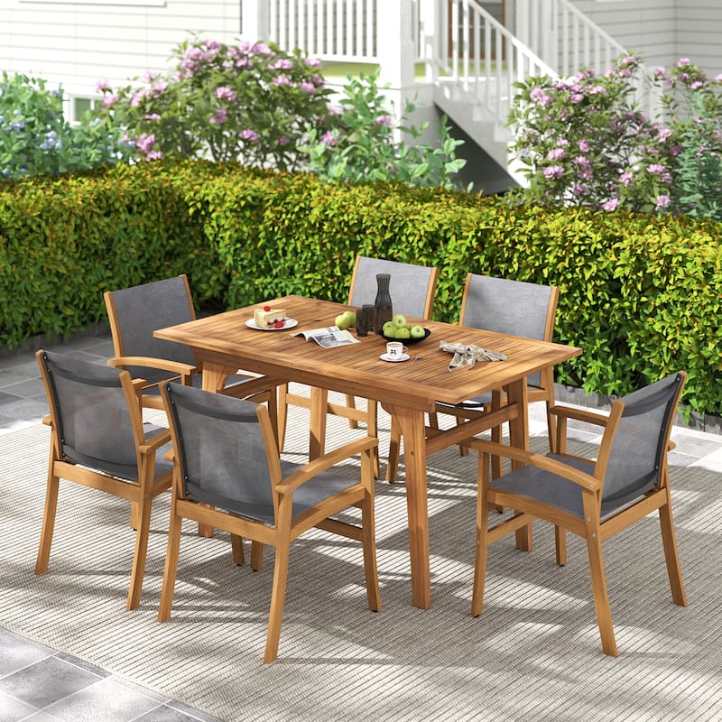 Natural Acacia Wood Extendable Patio Dining Table with Umbrella Hole - 55"/71" x 32" x 29.5" (L x W x H)