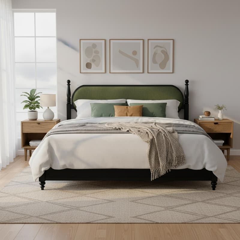 Christopher Knight Home - Alderwick Modern Upholstered Headboard Wood Low-Profile Platform Bed with Slatted Support - Black+Green - King