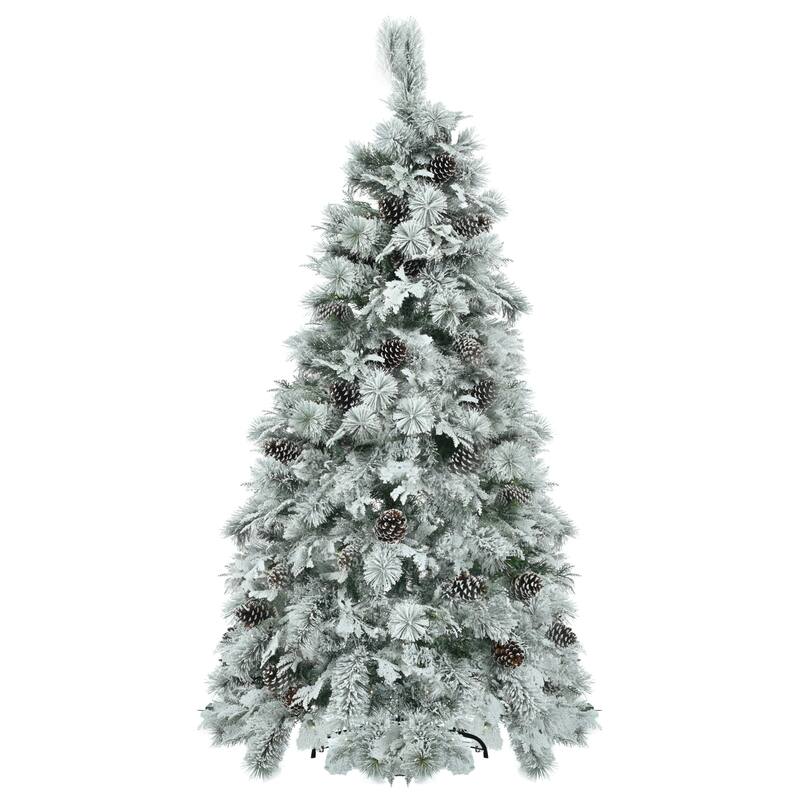 Pre-Lit Snow Flocked Spruce Tree - Mixed PE & PVC Branches, Multi-Color LED Lights, Pine Cones - White+Green