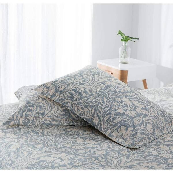 600 Thread Count Cotton Beige & Bluish Grey Printed with Leaves Pattern Reversible Botanical Duvet Cover Sets - Queen