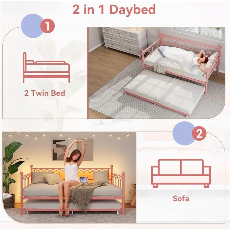 Heavy Duty Metal Platform Sofa Bed Frame, with Charging Station and LED Lights