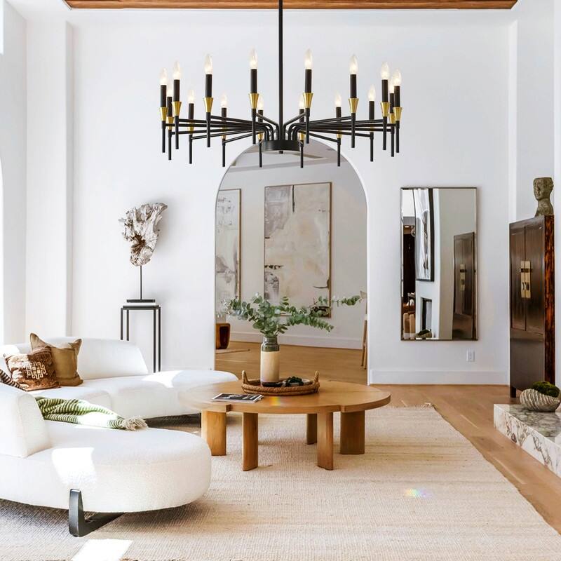 48-Inch Modern Black Farmhouse Chandelier，16-Light Industrial Round Hanging Light Fixture