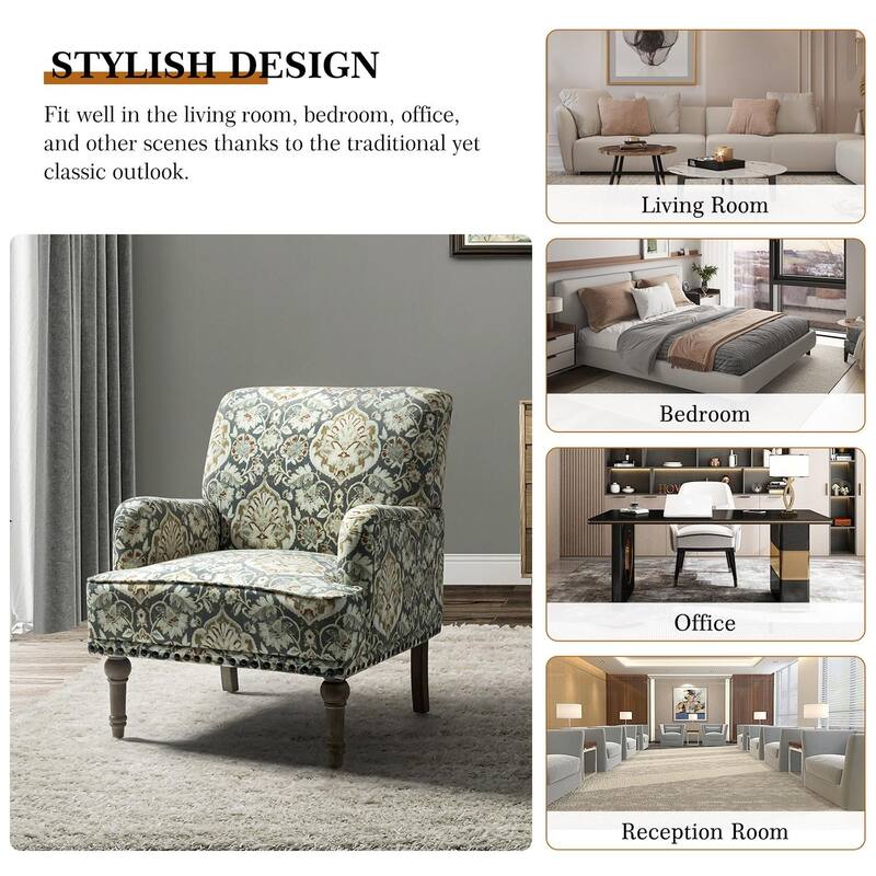 Pavia Traditional Floral Fabric Design Upholstered Accent Armchair with Nailhead Trim Set of 2 by HULALA HOME