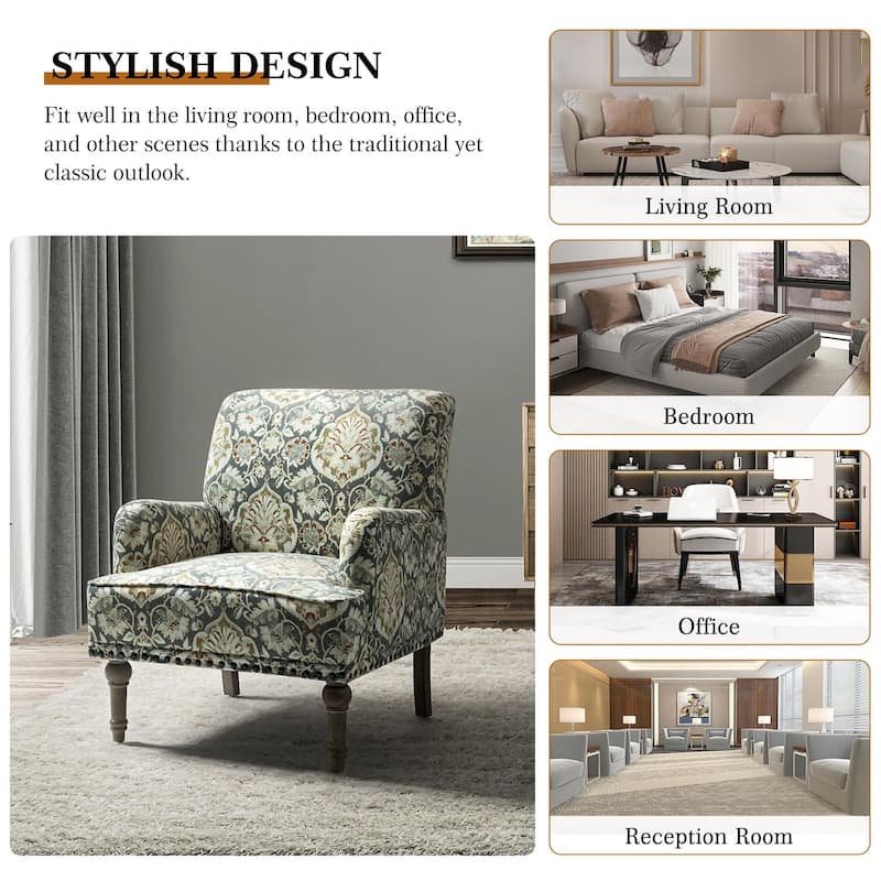 Geltrude Traditonal Floral Fabric Design Upholstered Accent Armchair with Turned Legs by HULALA HOME