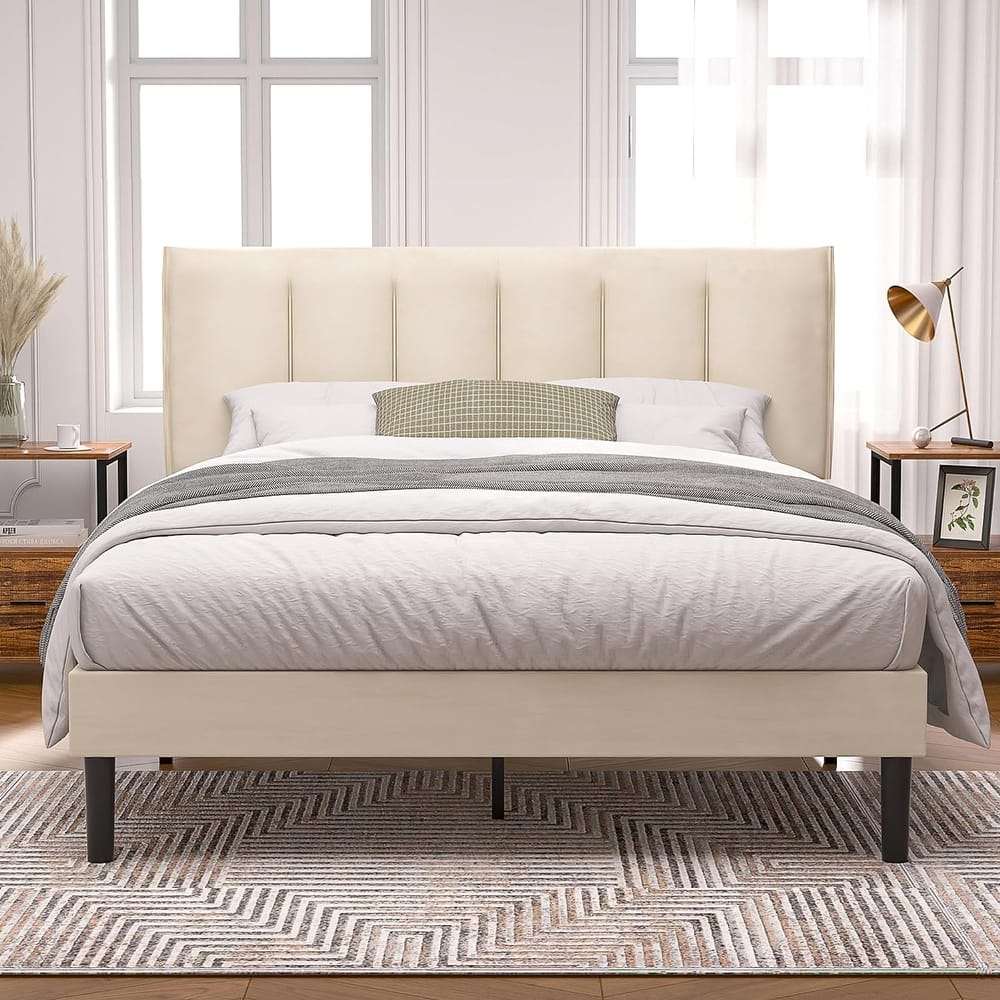 Upholstered Velvet Upholstered Bed Frame with Adjustable Height Headboard No Box Spring Needed Platform Bed Under Bed Storage