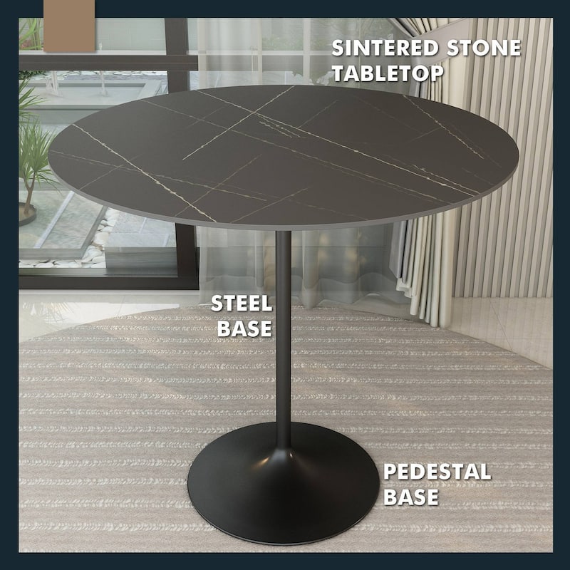 LeisureMod Verve 48" Round Dining Table with Sintered Stone TableTop and Black Steel Base for Kitchen & Dining Room