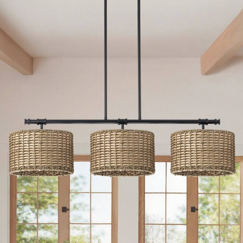 3-Light Modern Farmhouse Black Linear Drum Handwoven Rattan Pendant Light for Kitchen Island