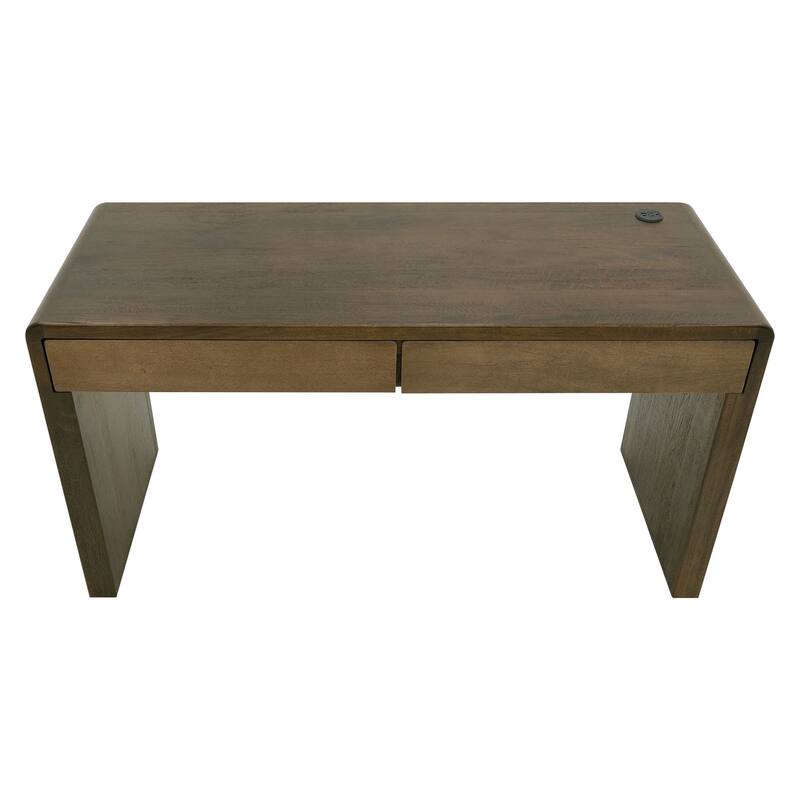 Esis Writing Desk, 2 Drawers, USB Ports, Dark Brown Mango Wood 60 Inch