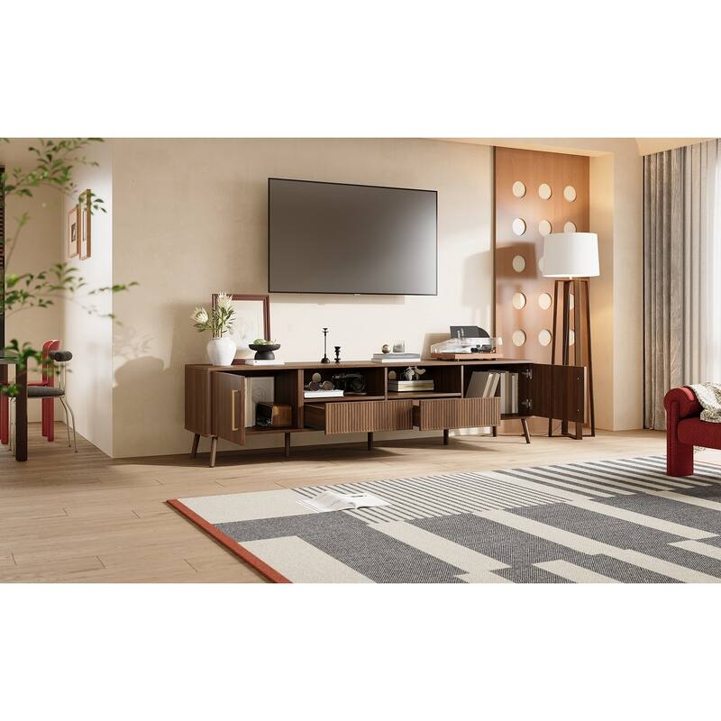 Walnut Entertainment Center TV Stand with 2 Drawers, Media Console Sideboard Buffet Cabinet Side Cabinet