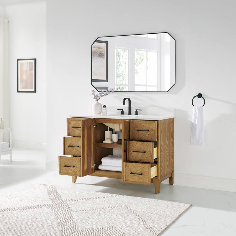Clara Bathroom Vanity in Weathered Brown with Calacatta Truffle White Quartz Countertop No Mirror