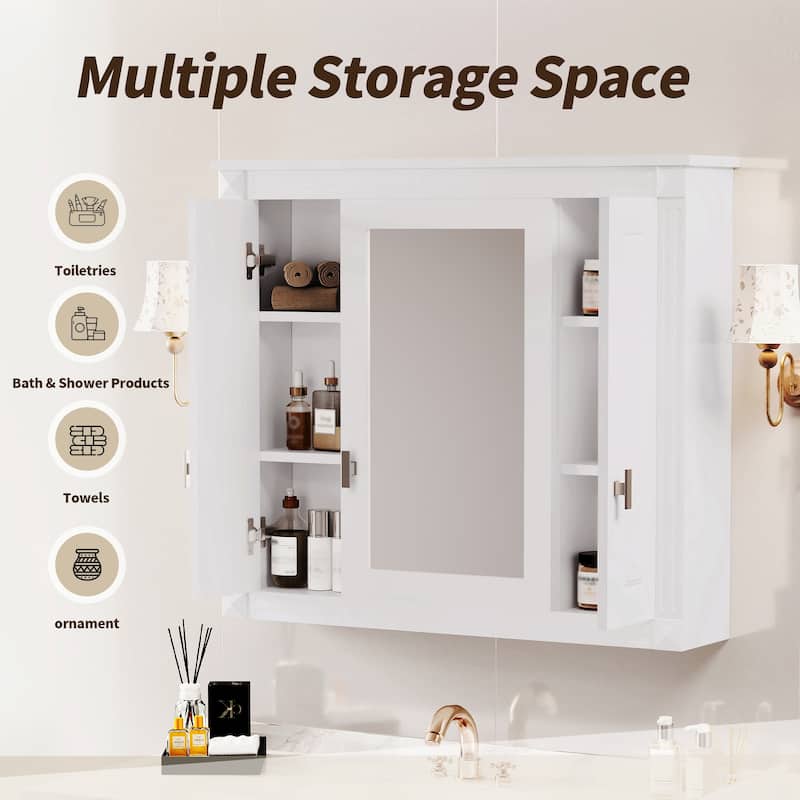 35" Bathroom Wall Cabinet with Mirror, 3 Doors and Adjustable Shelves for Over Toilet Storage